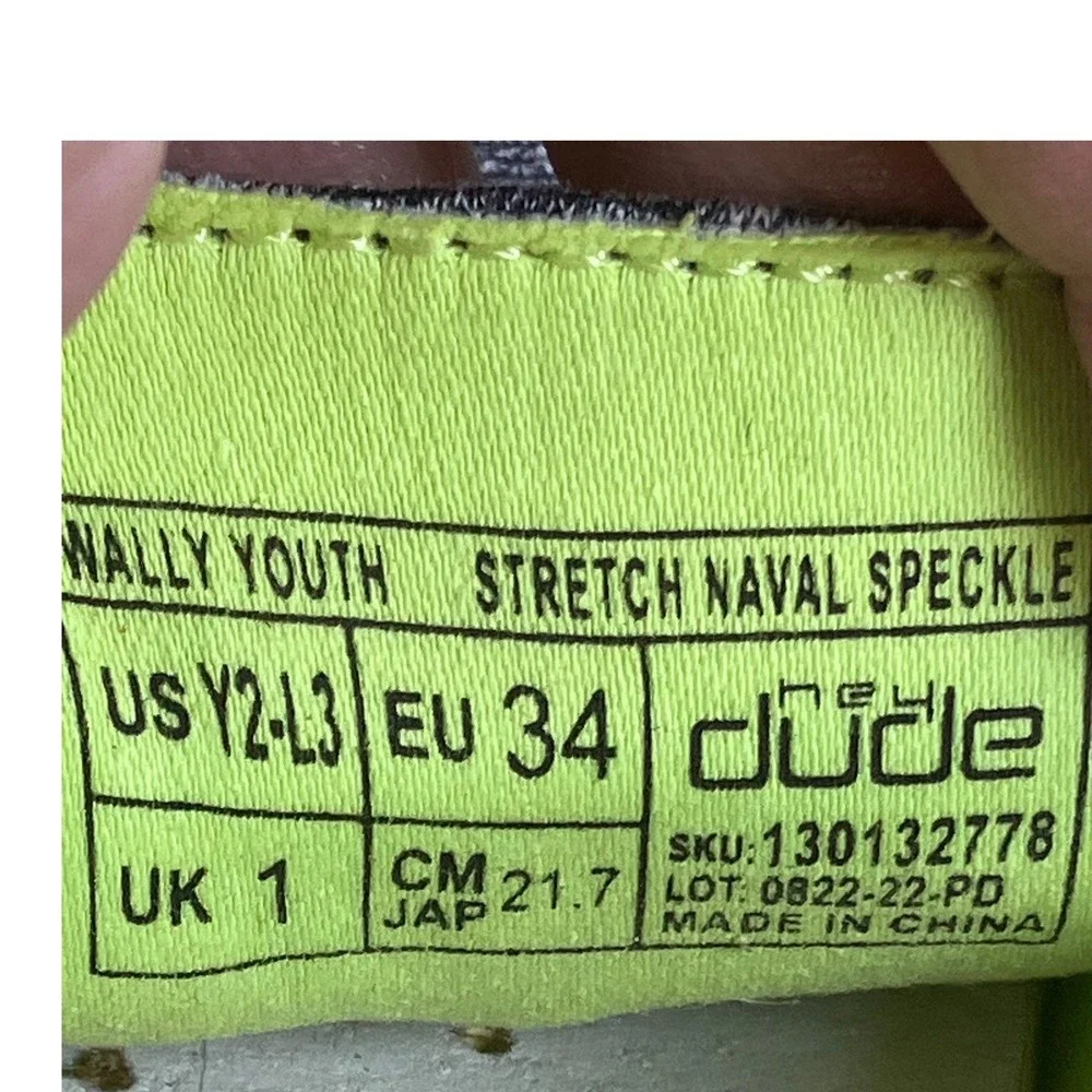 Hey Dude Wally Youth Stretch Naval Speckle Navy Neon Lime Loafers Size Y2 EU 34